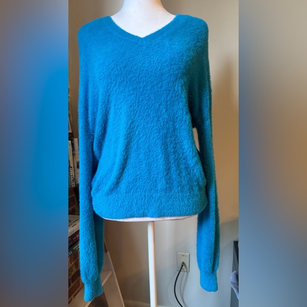 Halogen Bright Teal Fuzzy Crew Neck Sweater